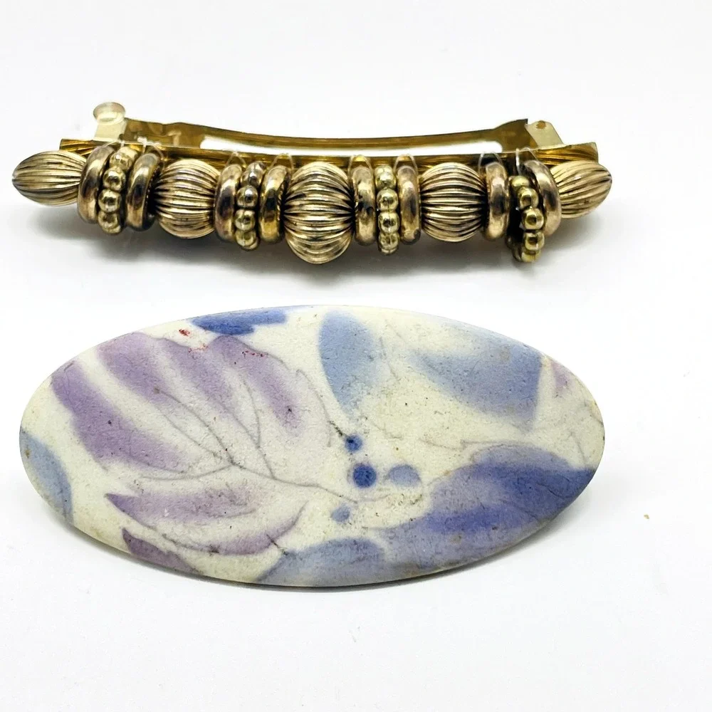 Vintage Barrette Lot of 2 Gold Tone Purple Floral Oval Hair Clips Accessories